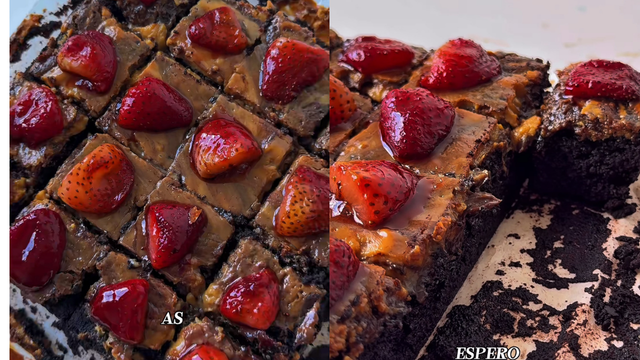 Esse brownie com doce de leite e morangos parece sobremesa de confeitaria, mas é fácil de fazer em casa