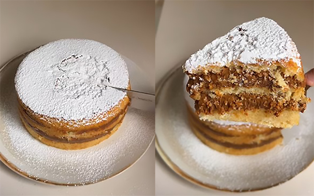 Cadê os fãs de bem-casado? Você não pode morrer sem provar esse bolo fofinho com duas camadas de doce de leite