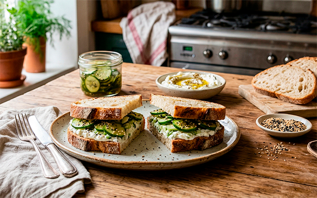 Comi num restaurante e fiquei sonhando com o dia que iria comer de novo: sanduíche de coalhada com pepino é divino e muito fácil de fazer