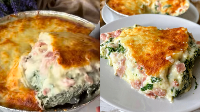 Gratinado de espinafre com ricota: faço na assadeira de alumínio descartável mesmo, fica pronta rapidinho