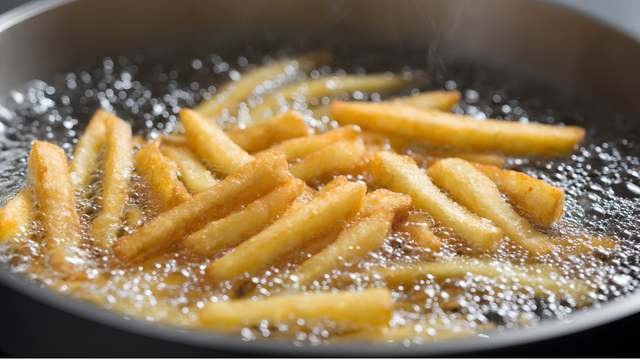 Despejo uma colherzinha no óleo quente: as batatas não absorvem a gordura e ficam deliciosamente crocantes