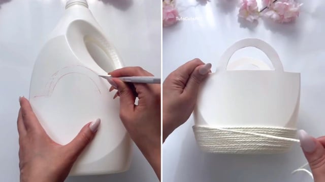 Cesta organizadora feita com embalagem vazia de amaciante (Créditos: Reprodução/Instagram @tutacuteart)