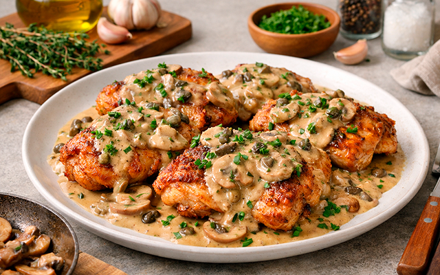 Frango crocante e suculento com molho cremoso de cogumelos que parece mais difícil do que é