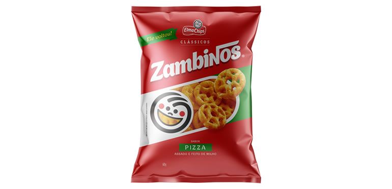 Embalagem do salgadinho Zambinos, de Elma Chips