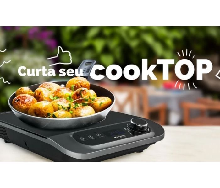 cooktop por indução da Cadence com a frase "curta seu cookTOP" e uma panela de batatas em cima
