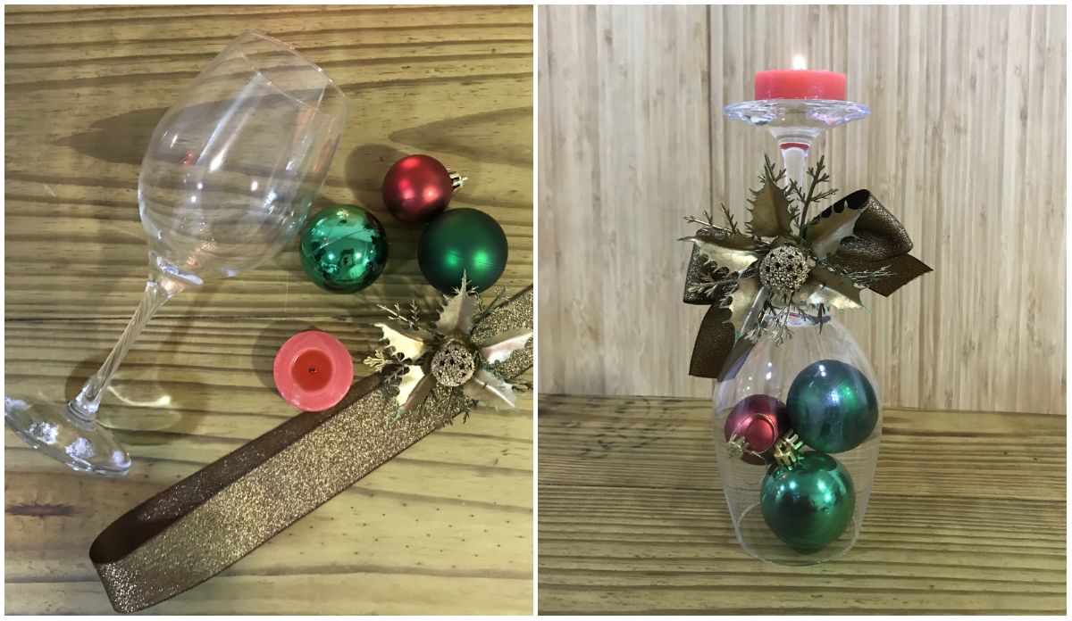 Decoração com taça, bolas de Natal e laço