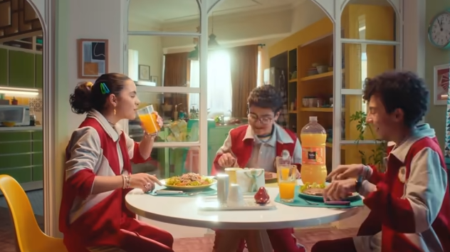 três amigos reunidos em volta de uma mesa redonda lanchando e bebendo del valle frut sabor laranja