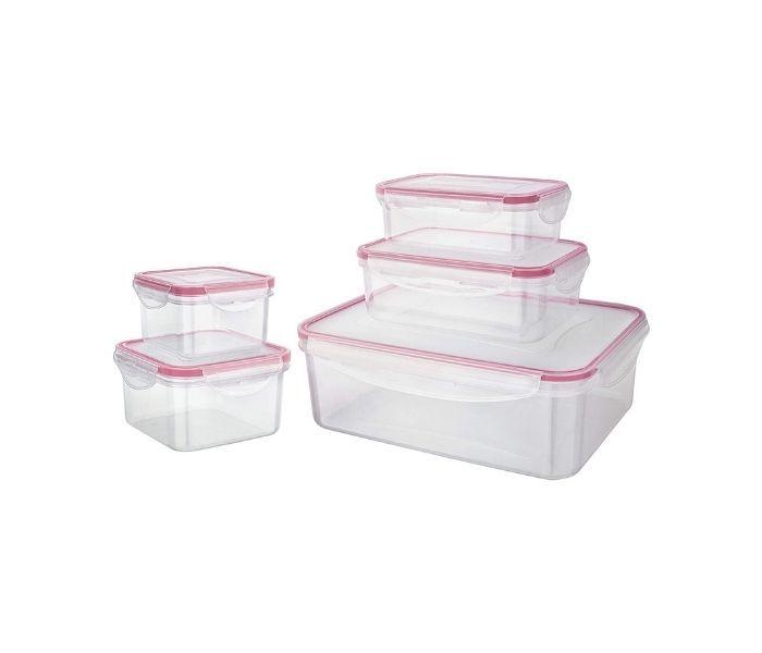 Conjunto de nove potes herméticos transparentes com detalhes em rosa para organizar a lancheira das crianças